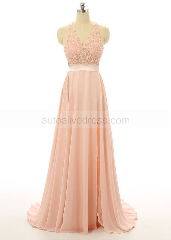 Peach Lace Chiffon Halter Neckline Keyhole Back Long Prom Dress